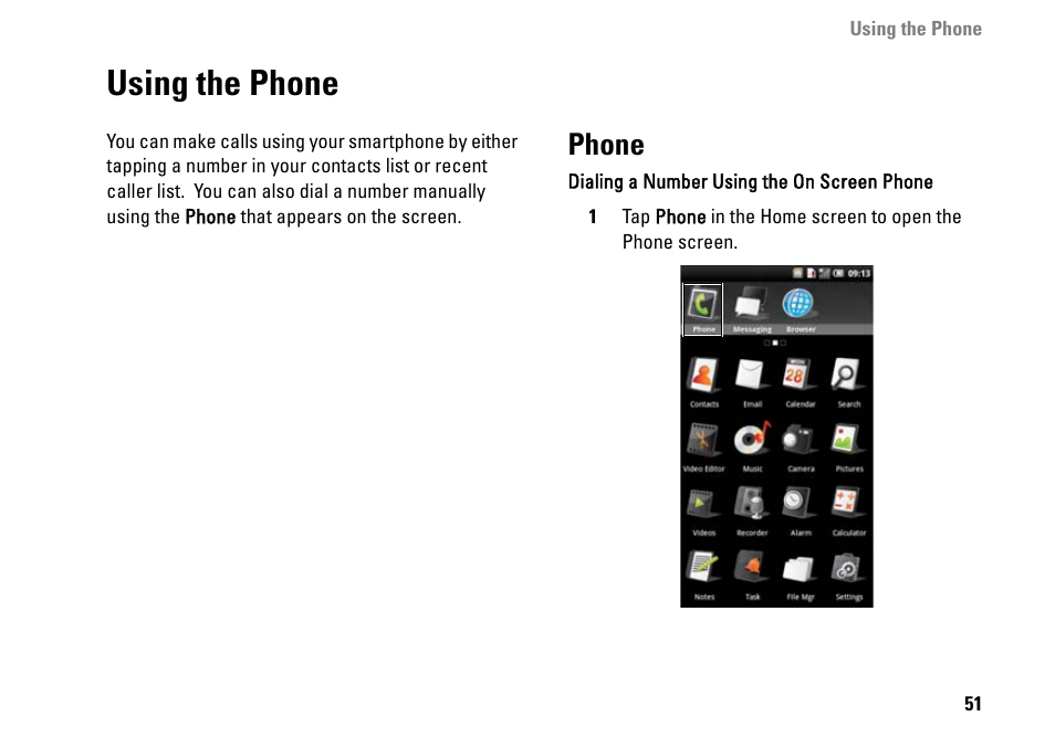 Using the phone, Phone | Dell MINI 3IX User Manual | Page 53 / 145