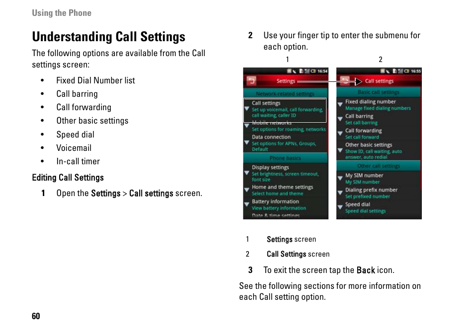 Understanding call settings | Dell MINI 3IX User Manual | Page 62 / 145