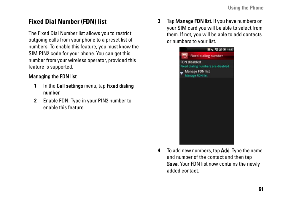 Fixed dial number (fdn) list | Dell MINI 3IX User Manual | Page 63 / 145