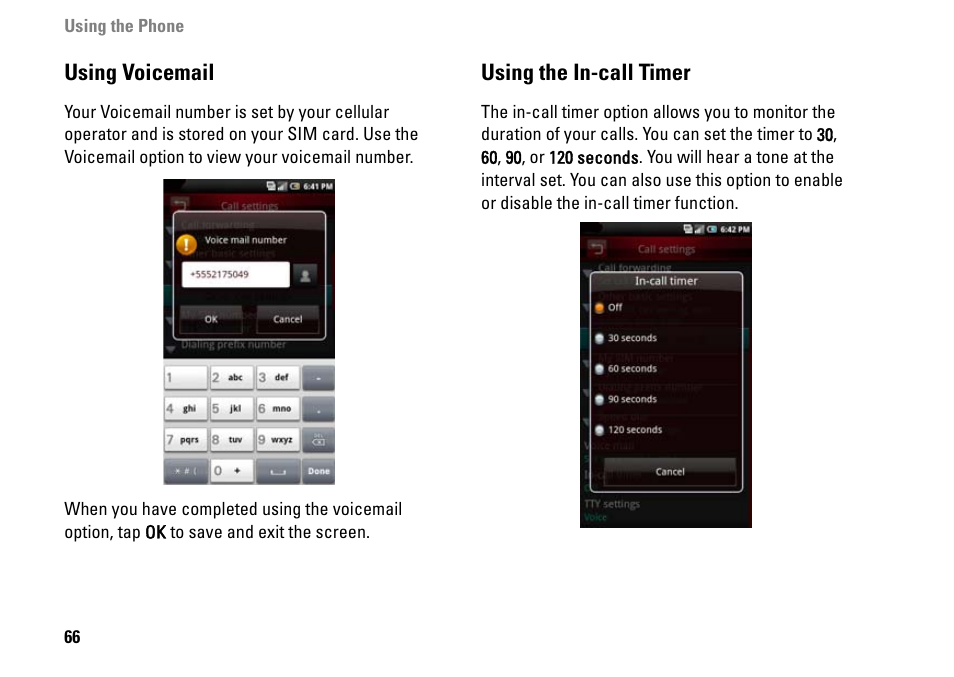 Using voicemail, Using the in-call timer | Dell MINI 3IX User Manual | Page 68 / 145