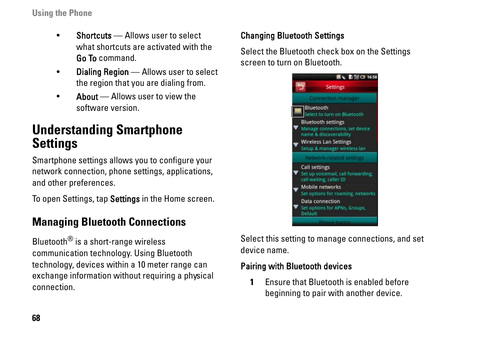Understanding smartphone settings, Managing bluetooth connections | Dell MINI 3IX User Manual | Page 70 / 145