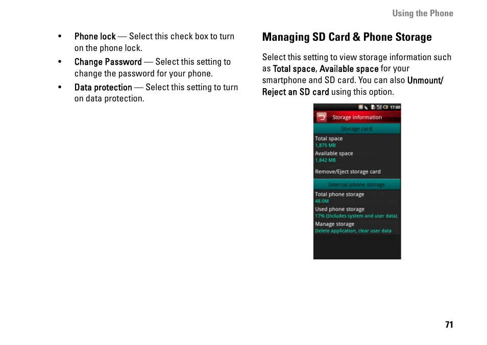 Managing sd card & phone storage | Dell MINI 3IX User Manual | Page 73 / 145