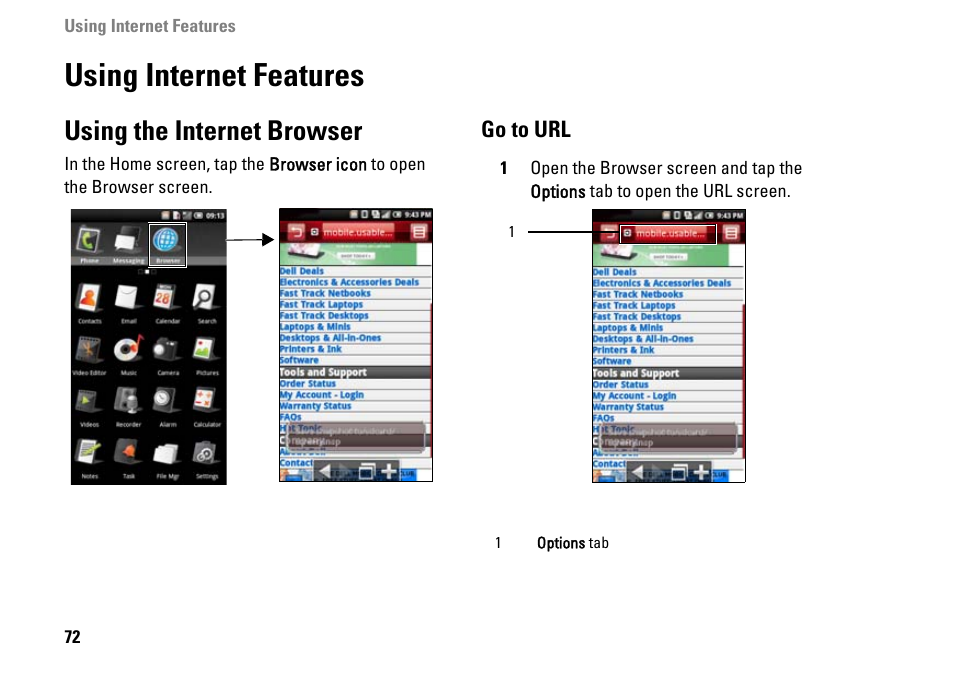 Using internet features, Using the internet browser, Go to url | Dell MINI 3IX User Manual | Page 74 / 145