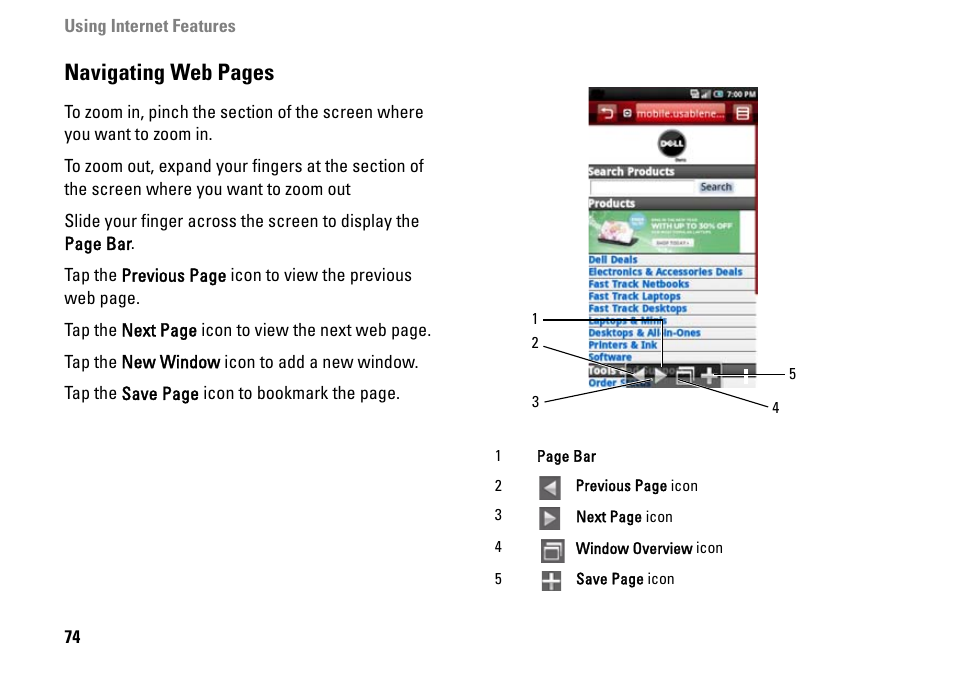 Navigating web pages | Dell MINI 3IX User Manual | Page 76 / 145