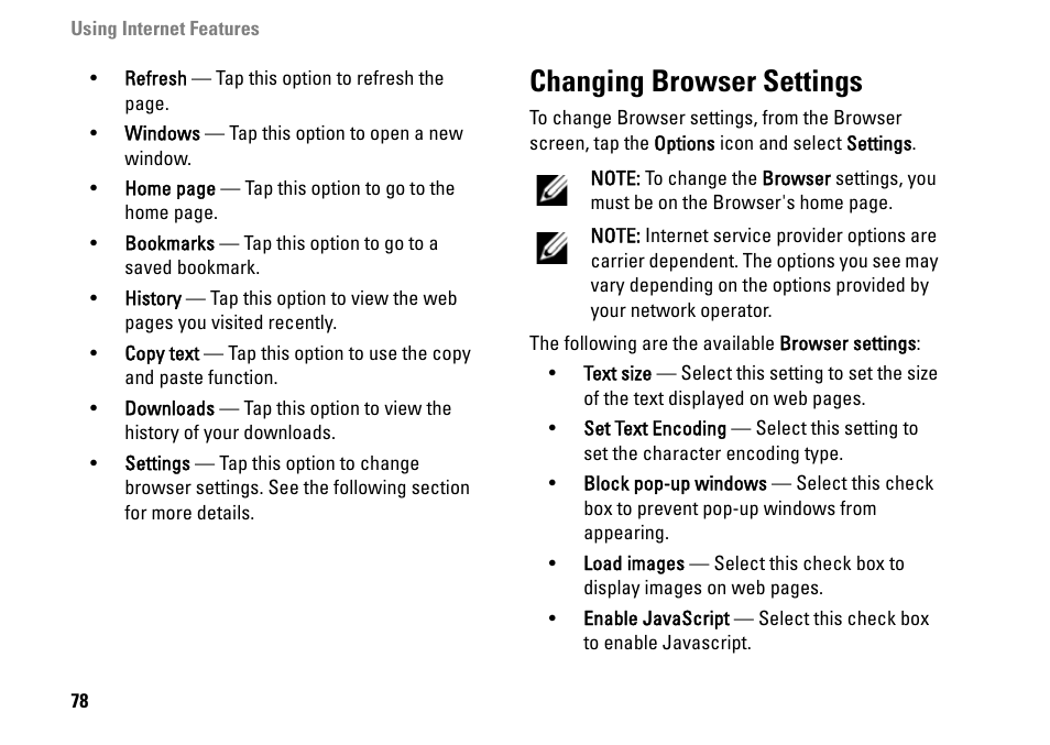 Changing browser settings | Dell MINI 3IX User Manual | Page 80 / 145