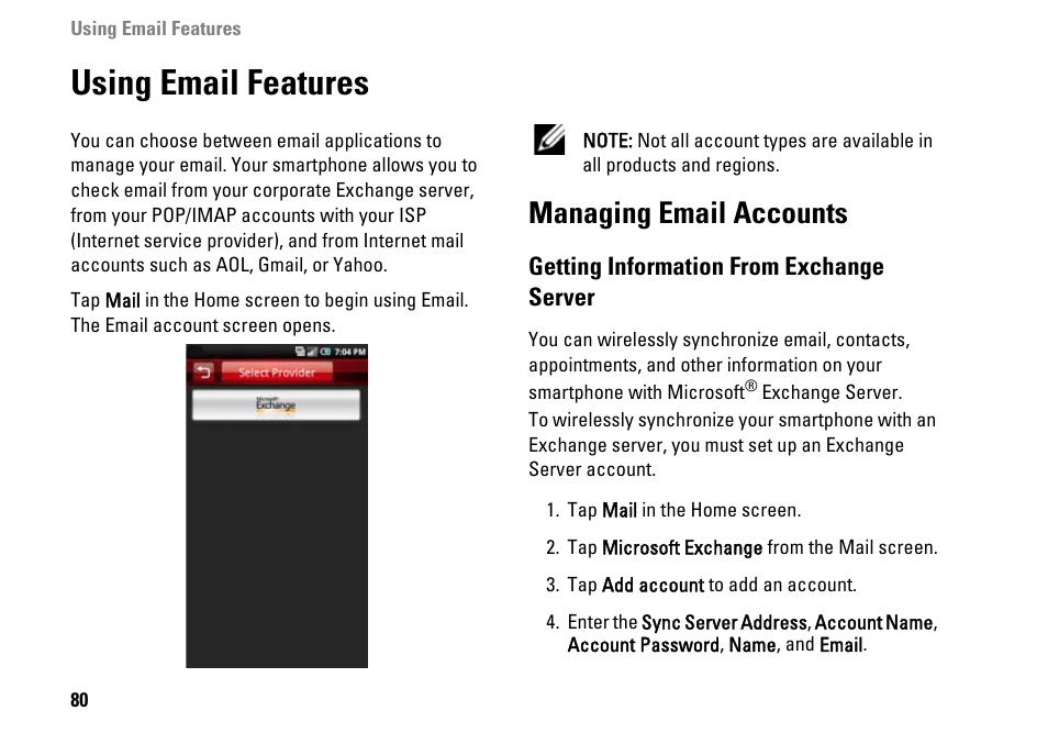 Using email features, Managing email accounts, Getting information from exchange server | Getting information from exchange, Server | Dell MINI 3IX User Manual | Page 82 / 145