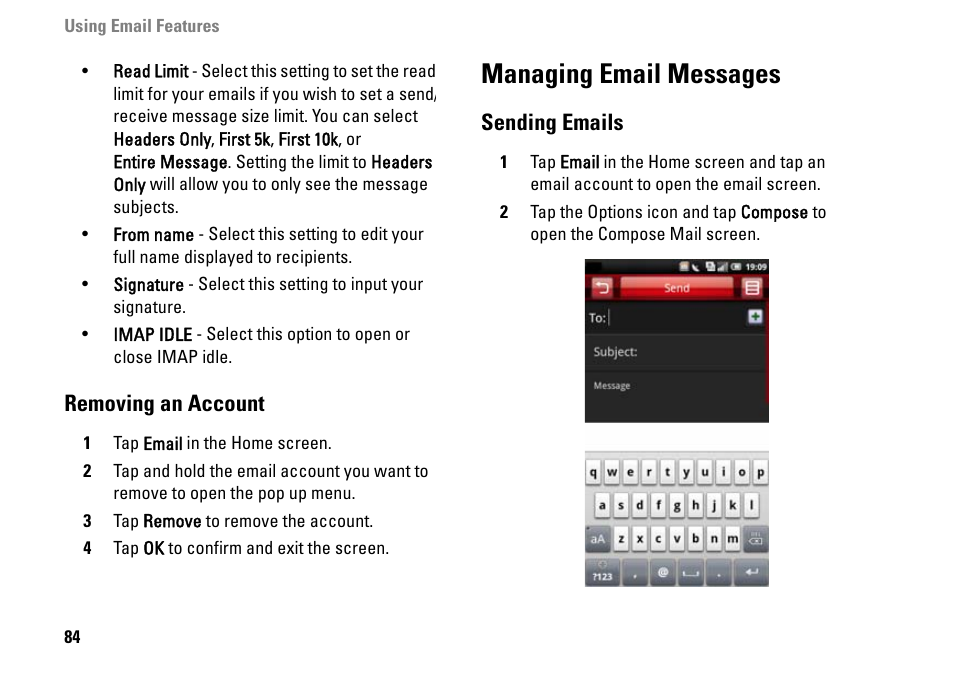 Removing an account, Managing email messages, Sending emails | Dell MINI 3IX User Manual | Page 86 / 145