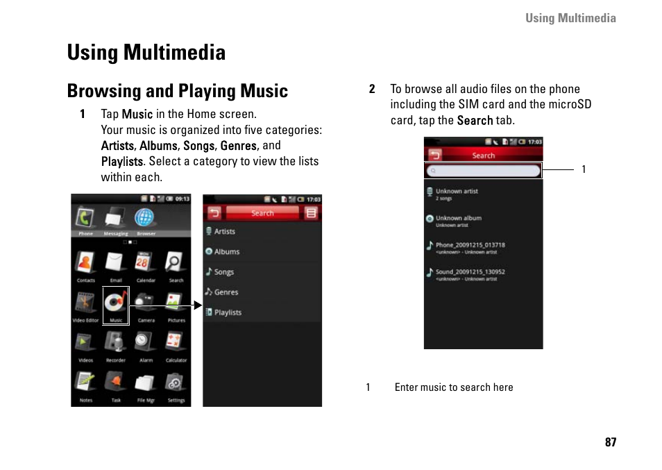 Using multimedia, Browsing and playing music | Dell MINI 3IX User Manual | Page 89 / 145