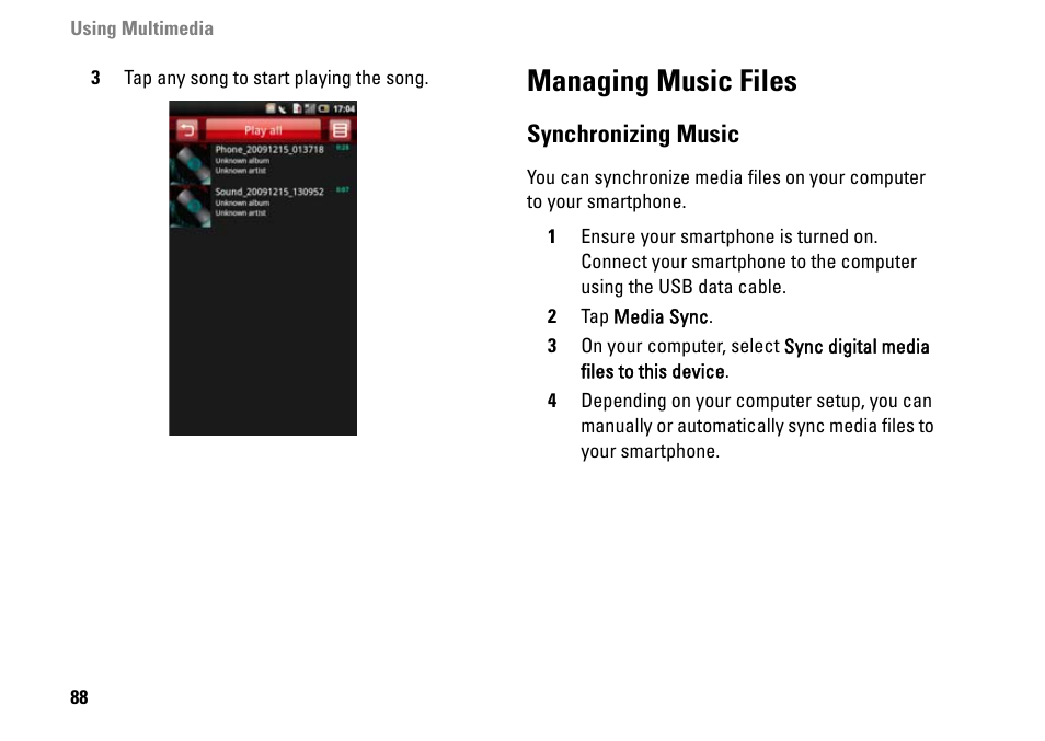 Managing music files, Synchronizing music | Dell MINI 3IX User Manual | Page 90 / 145