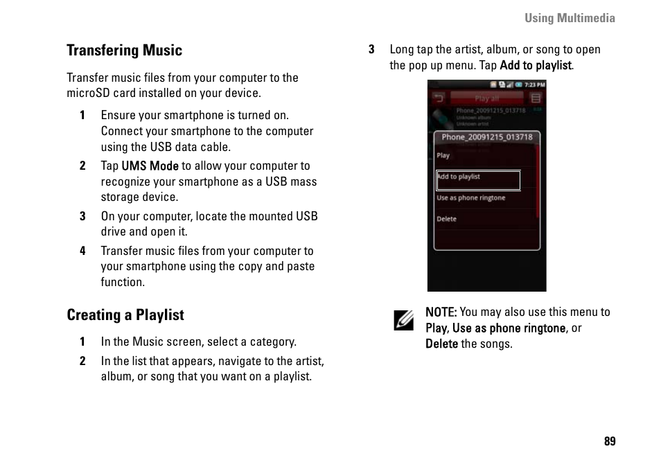 Transfering music, Creating a playlist | Dell MINI 3IX User Manual | Page 91 / 145