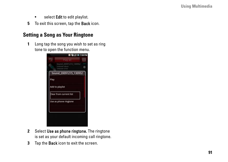 Setting a song as your ringtone | Dell MINI 3IX User Manual | Page 93 / 145