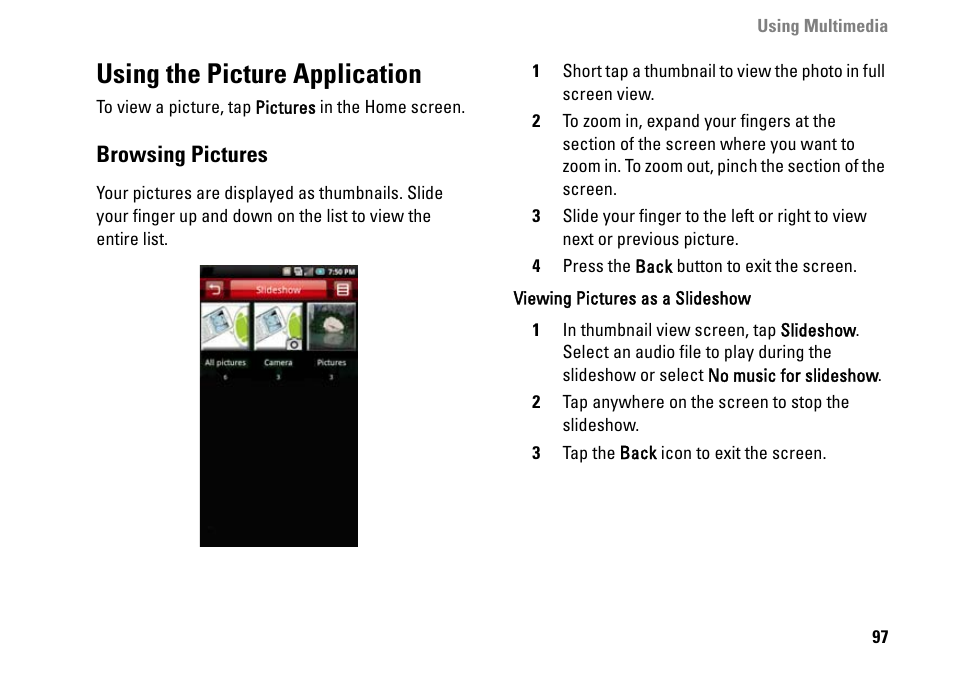 Using the picture application, Browsing pictures | Dell MINI 3IX User Manual | Page 99 / 145