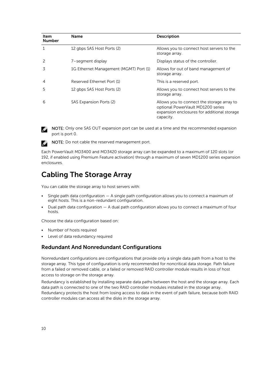 Cabling the storage array, Redundant and nonredundant configurations | Dell PowerVault MD3420 User Manual | Page 10 / 30