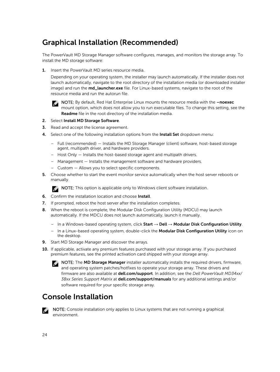 Graphical installation (recommended), Console installation | Dell PowerVault MD3420 User Manual | Page 24 / 30