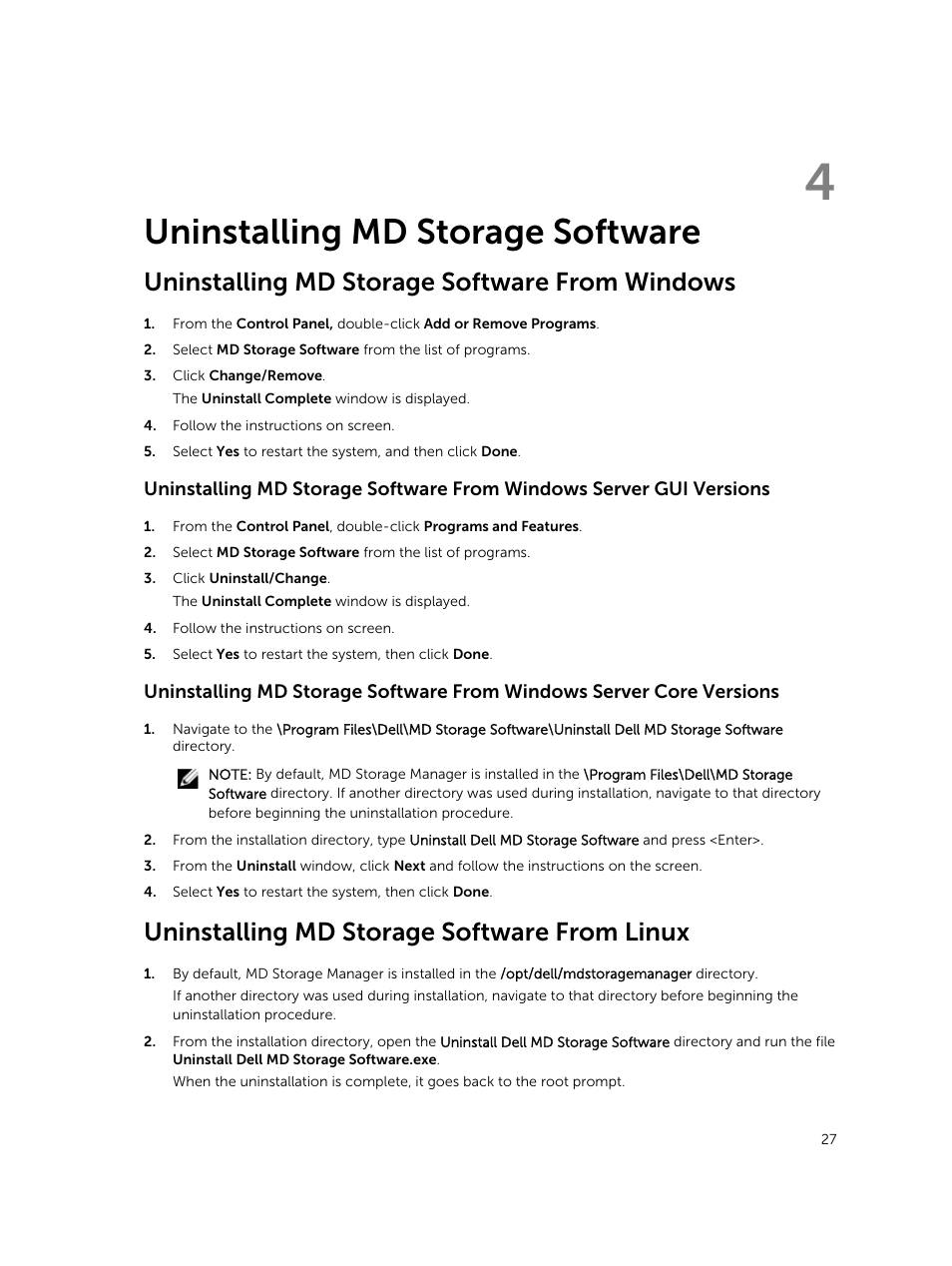 Uninstalling md storage software, Uninstalling md storage software from windows, Uninstalling md storage software from linux | 4 uninstalling md storage software | Dell PowerVault MD3420 User Manual | Page 27 / 30