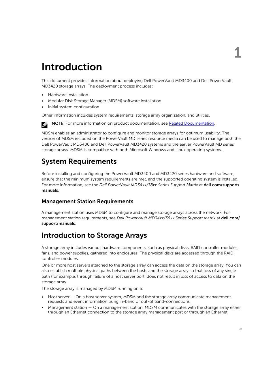 Introduction, System requirements, Management station requirements | Introduction to storage arrays, 1 introduction | Dell PowerVault MD3420 User Manual | Page 5 / 30