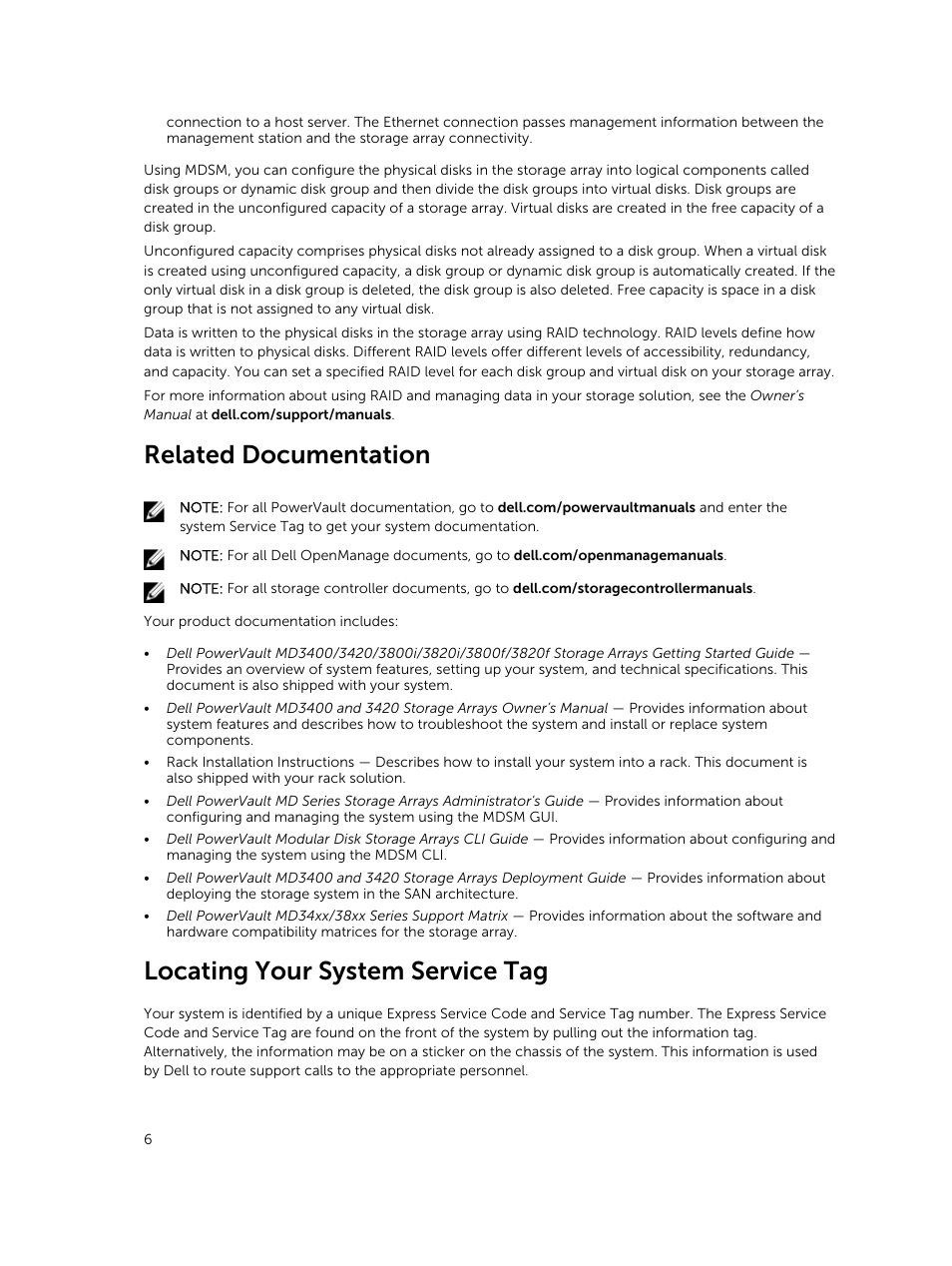 Related documentation, Locating your system service tag | Dell PowerVault MD3420 User Manual | Page 6 / 30