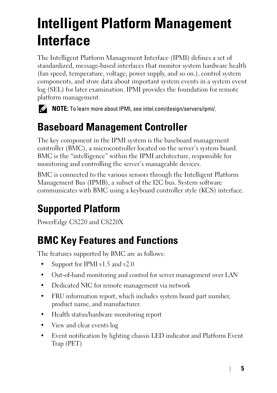 Intelligent platform management interface, Baseboard management controller, Supported platform | Bmc key features and functions | Dell PowerEdge C6220 User Manual | Page 5 / 78