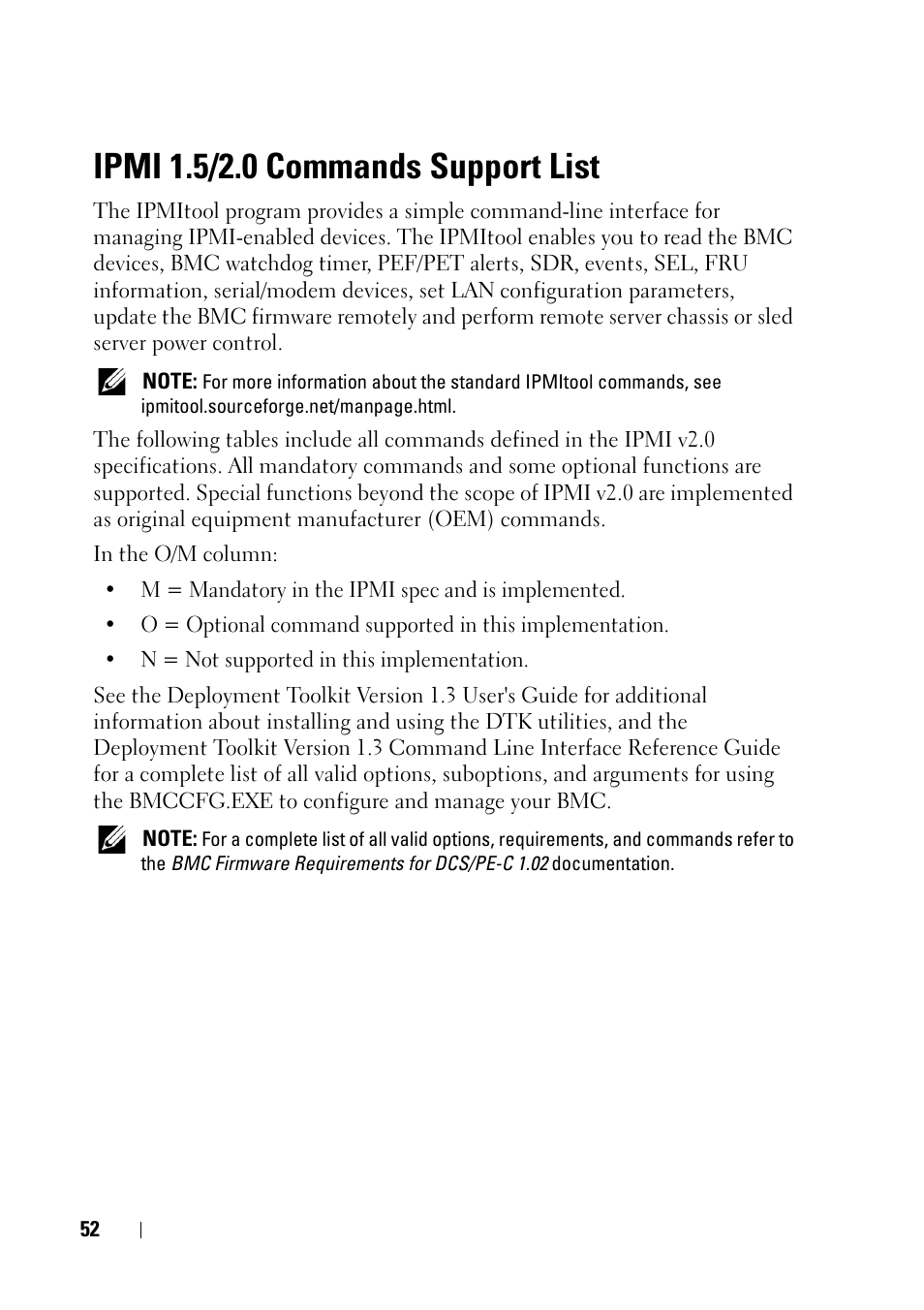 Ipmi 1.5/2.0 commands support list | Dell PowerEdge C6220 User Manual | Page 52 / 78