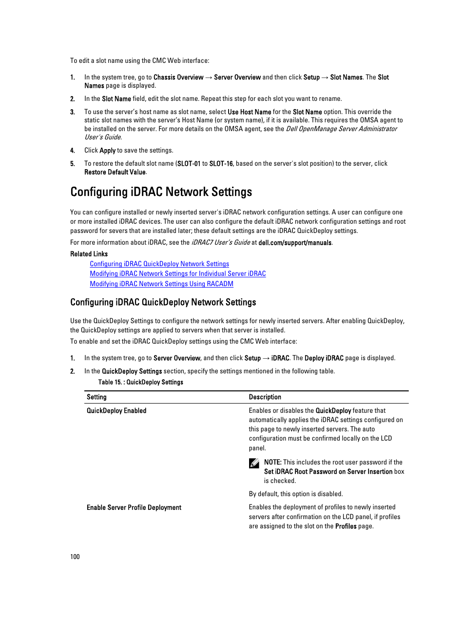 Configuring idrac network settings, Configuring idrac quickdeploy network settings | Dell POWEREDGE M1000E User Manual | Page 100 / 260