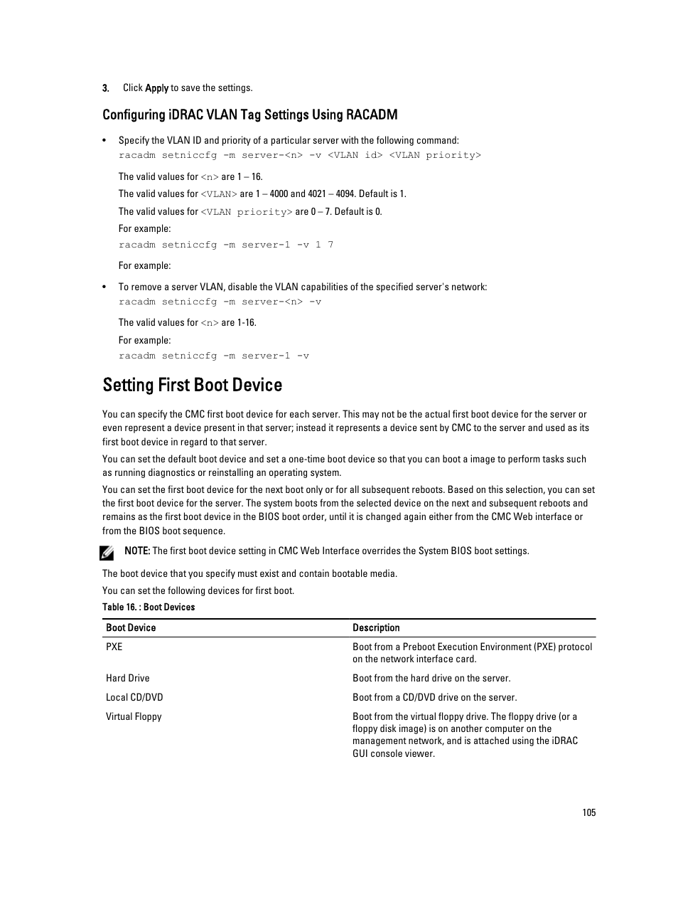 Configuring idrac vlan tag settings using racadm, Setting first boot device | Dell POWEREDGE M1000E User Manual | Page 105 / 260