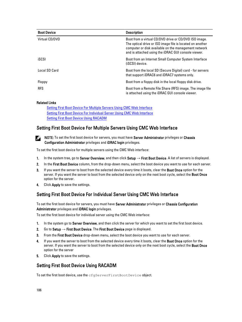 Setting first boot device using racadm | Dell POWEREDGE M1000E User Manual | Page 106 / 260