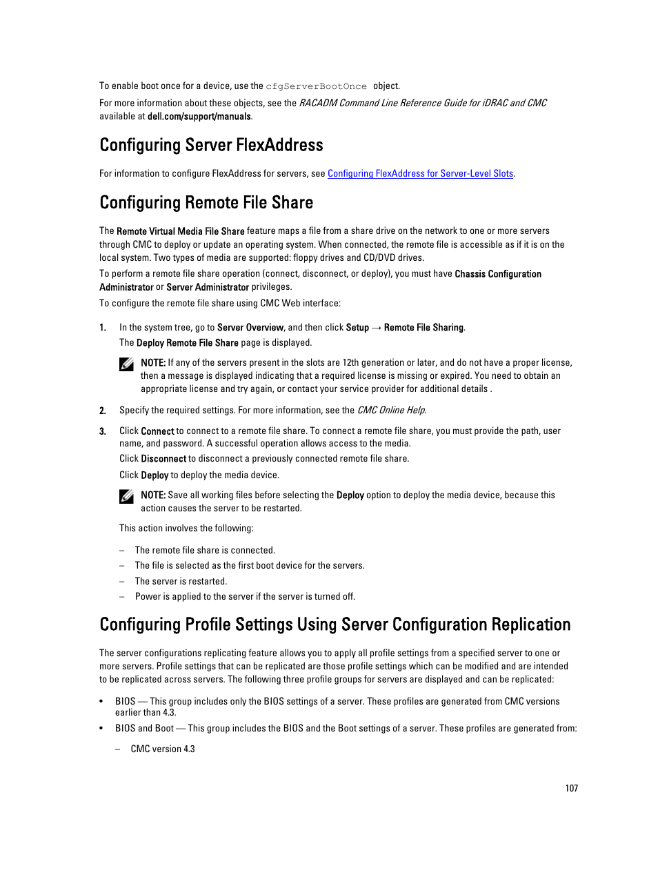 Configuring server flexaddress, Configuring remote file share, Configuring bios settings using server clone | Dell POWEREDGE M1000E User Manual | Page 107 / 260