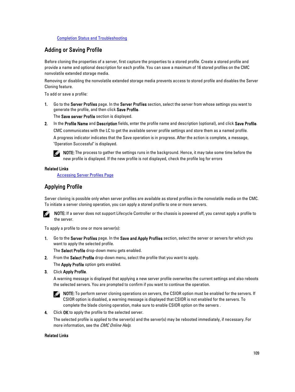 Adding or saving profile, Applying profile, Adding or saving profile applying profile | Dell POWEREDGE M1000E User Manual | Page 109 / 260