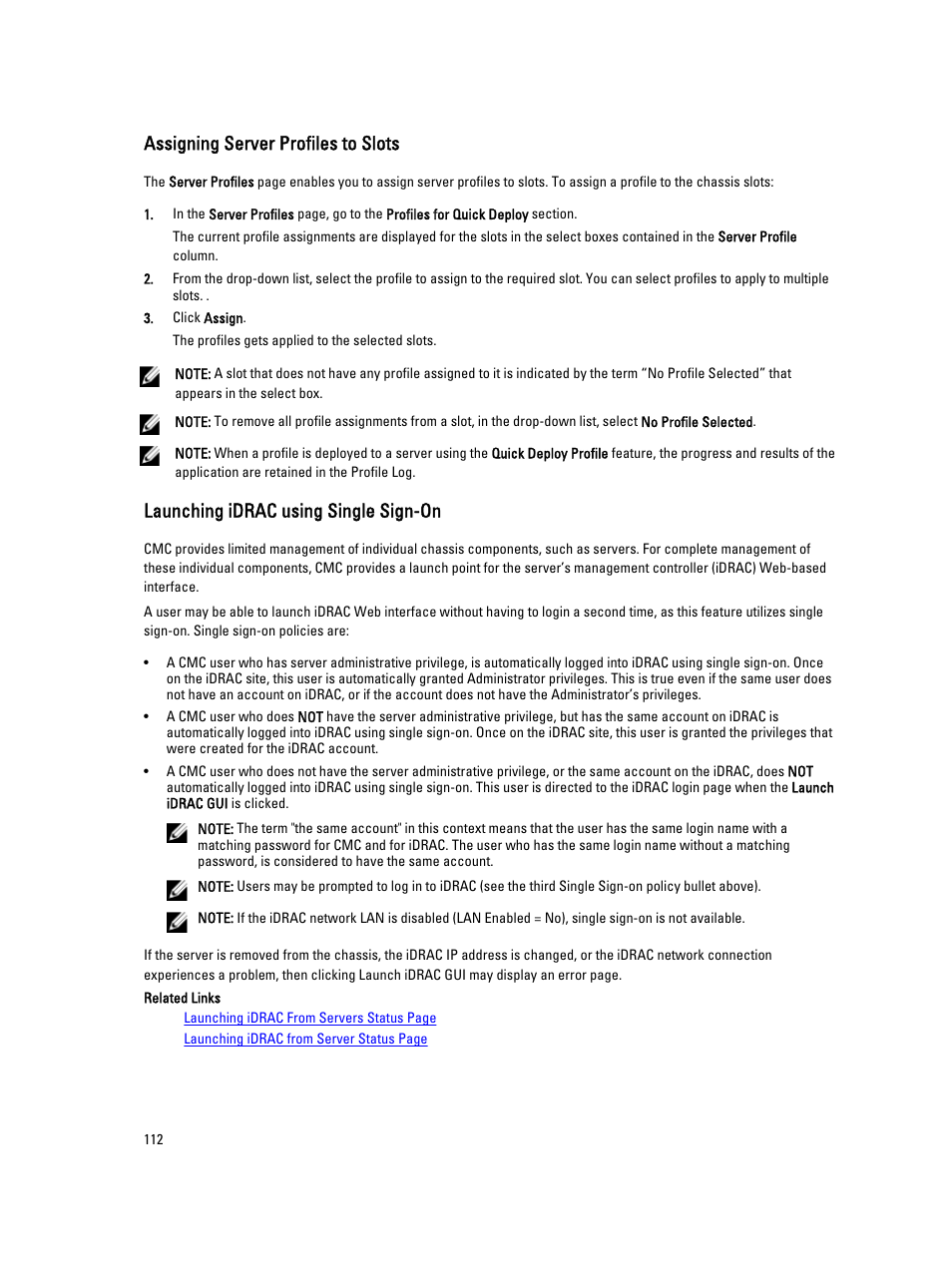 Assigning server profiles to slots, Launching idrac using single sign-on | Dell POWEREDGE M1000E User Manual | Page 112 / 260