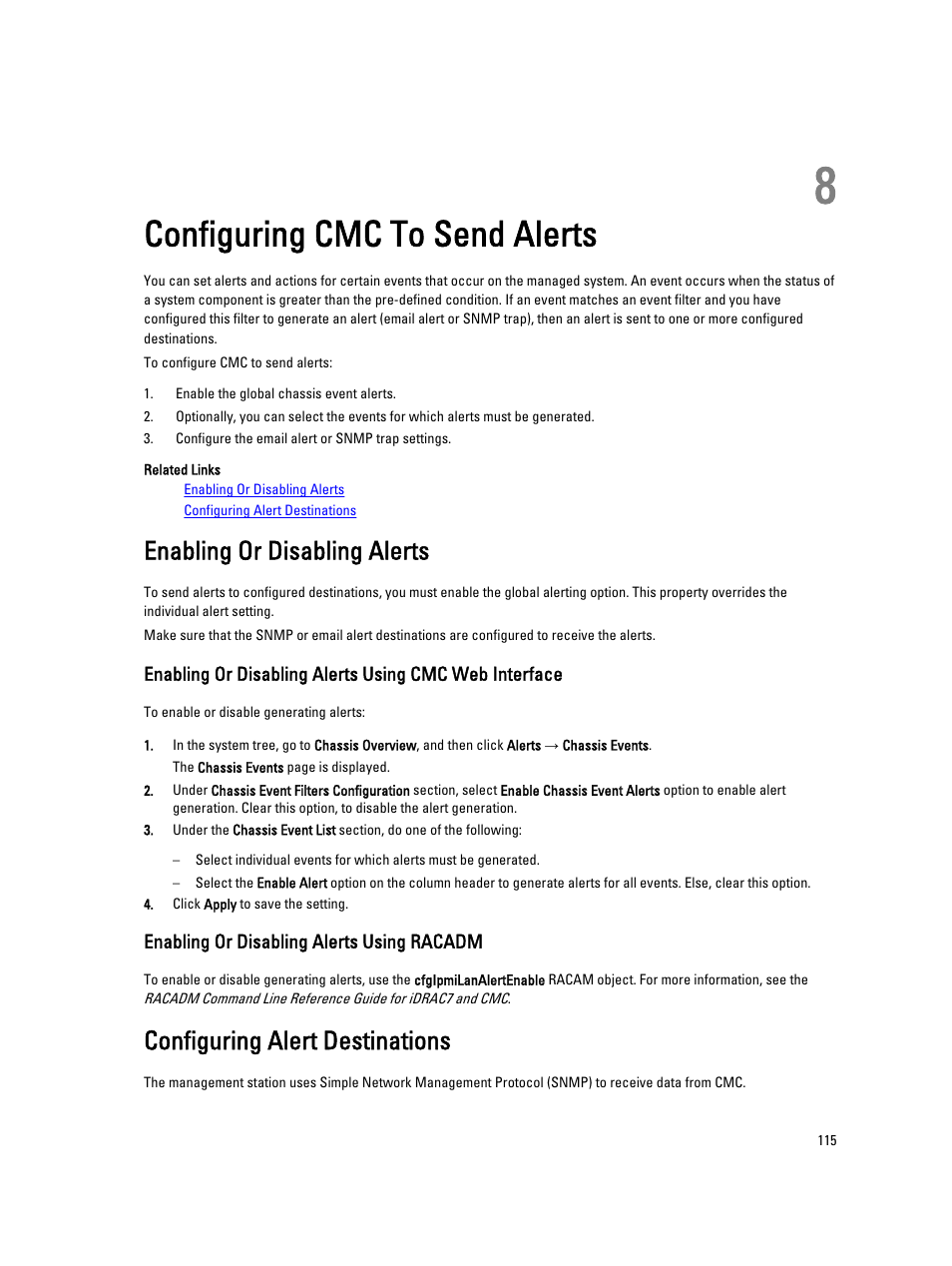Configuring cmc to send alerts, Enabling or disabling alerts, Enabling or disabling alerts using racadm | Configuring alert destinations, 8 configuring cmc to send alerts | Dell POWEREDGE M1000E User Manual | Page 115 / 260