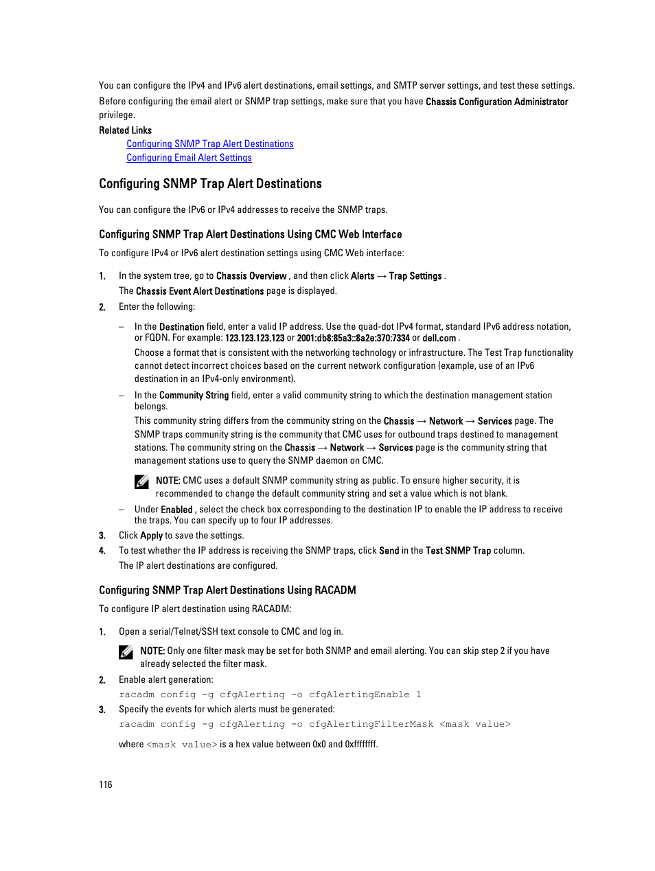 Configuring snmp trap alert destinations | Dell POWEREDGE M1000E User Manual | Page 116 / 260