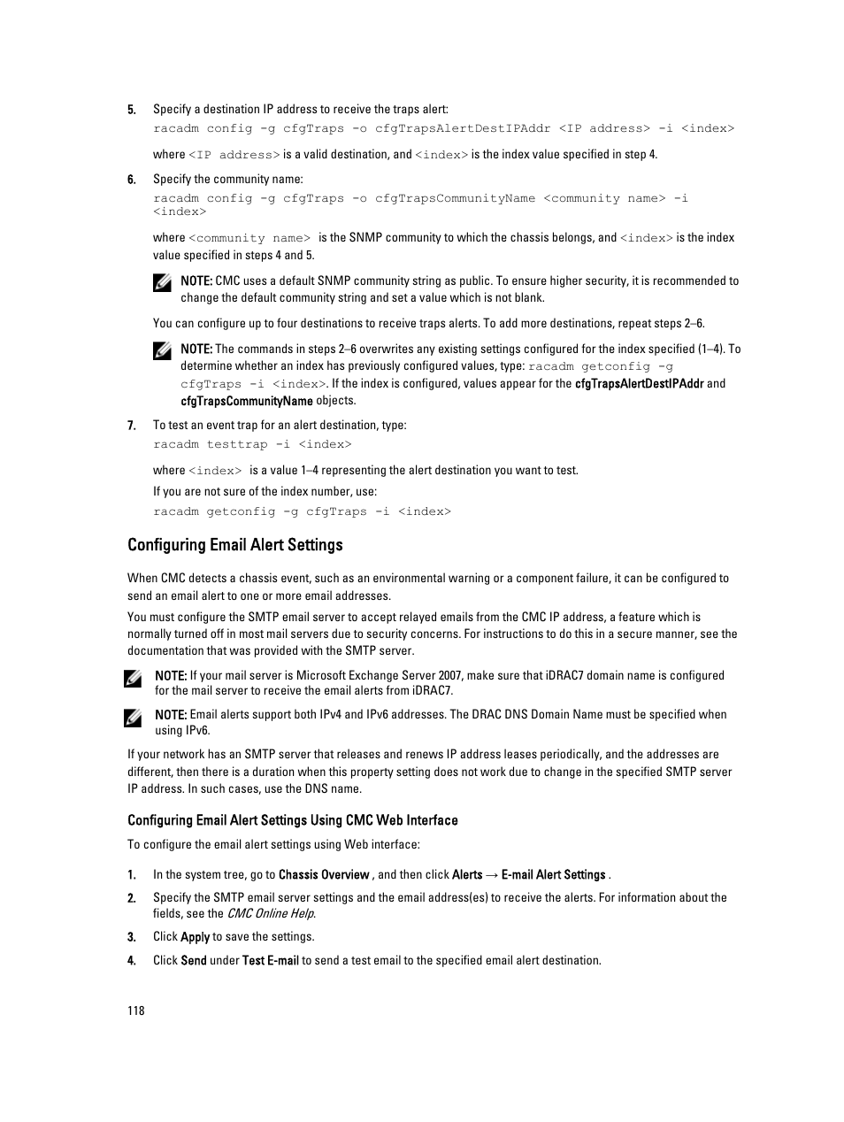 Configuring email alert settings | Dell POWEREDGE M1000E User Manual | Page 118 / 260