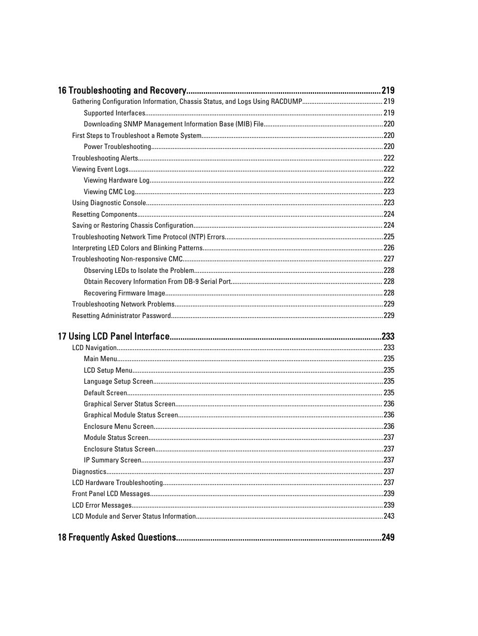 16 troubleshooting and recovery, 17 using lcd panel interface, 18 frequently asked questions | Dell POWEREDGE M1000E User Manual | Page 12 / 260