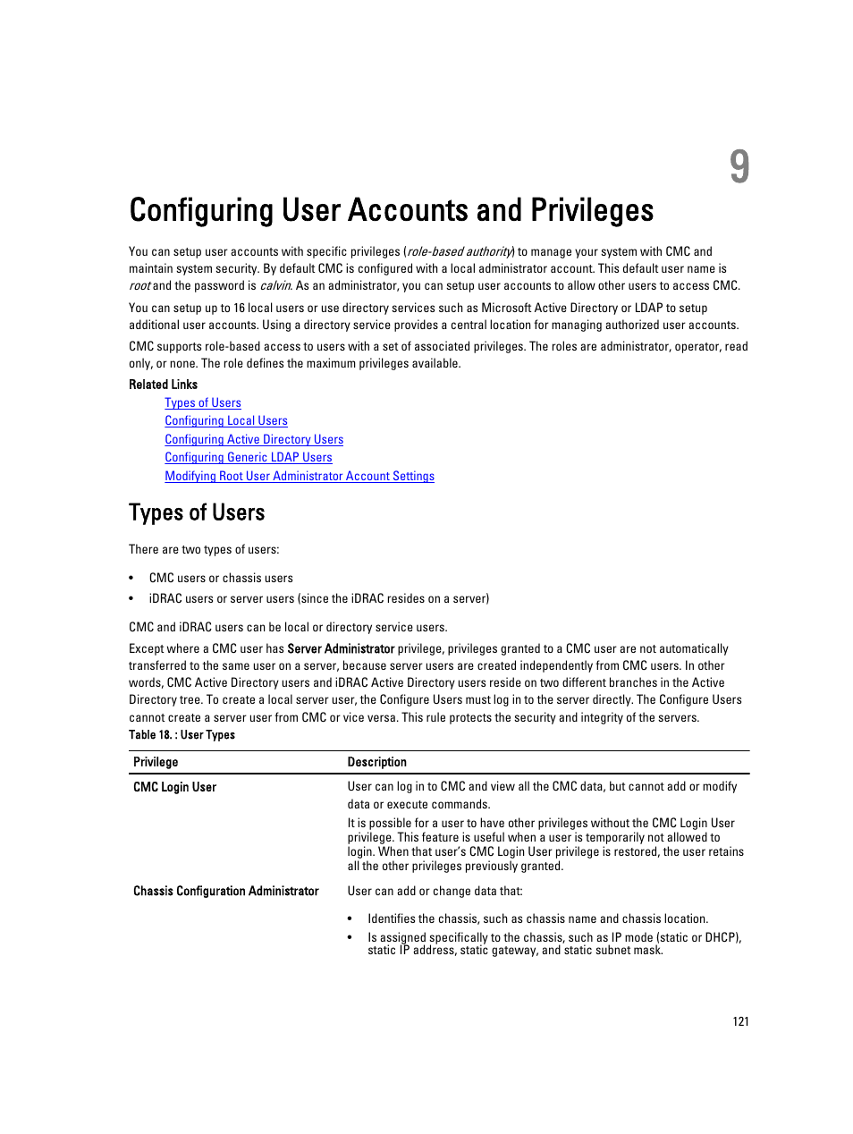 Configuring user accounts and privileges, Types of users, 9 configuring user accounts and privileges | Dell POWEREDGE M1000E User Manual | Page 121 / 260