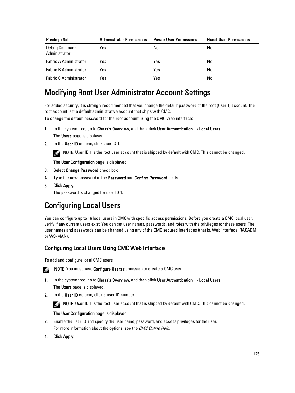 Modifying root user administrator account settings, Configuring local users, Configuring local users using cmc web interface | Dell POWEREDGE M1000E User Manual | Page 125 / 260
