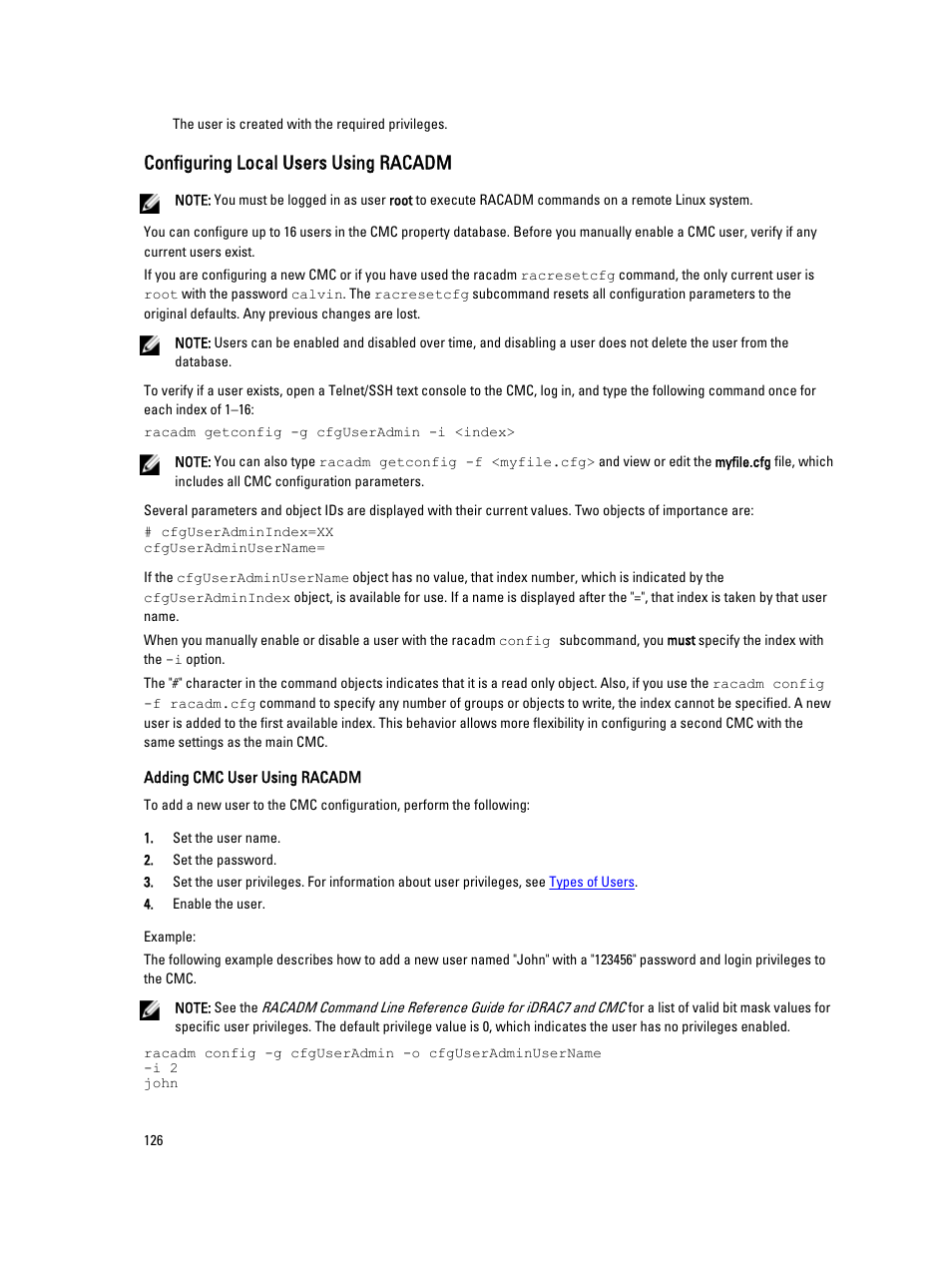 Configuring local users using racadm | Dell POWEREDGE M1000E User Manual | Page 126 / 260