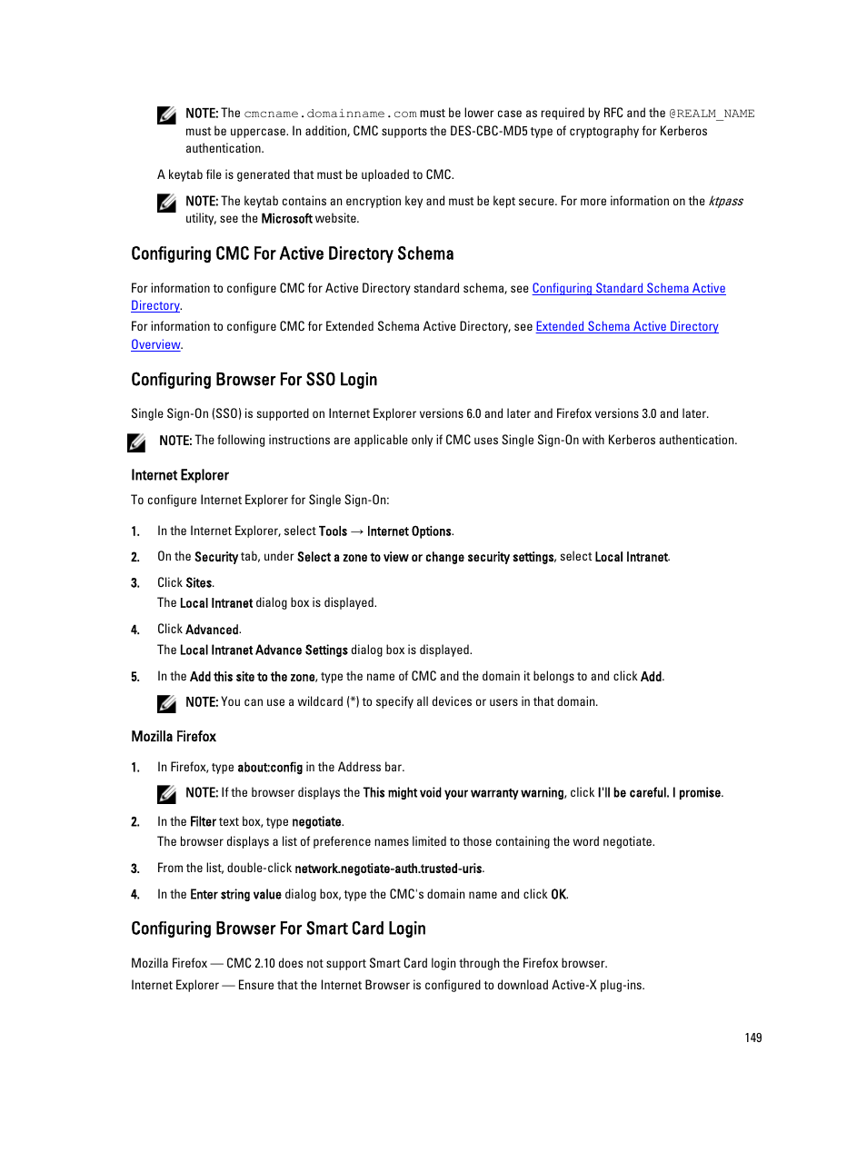 Configuring cmc for active directory schema, Configuring browser for sso login, Configuring browser for smart card login | Dell POWEREDGE M1000E User Manual | Page 149 / 260