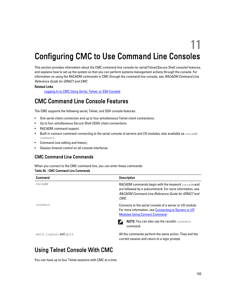 Configuring cmc to use command line consoles, Cmc command line console features, Cmc command line commands | Using telnet console with cmc, 11 configuring cmc to use command line consoles | Dell POWEREDGE M1000E User Manual | Page 153 / 260