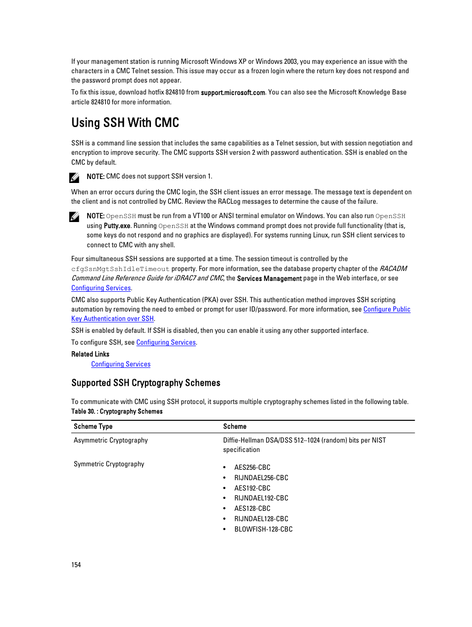 Using ssh with cmc, Supported ssh cryptography schemes | Dell POWEREDGE M1000E User Manual | Page 154 / 260