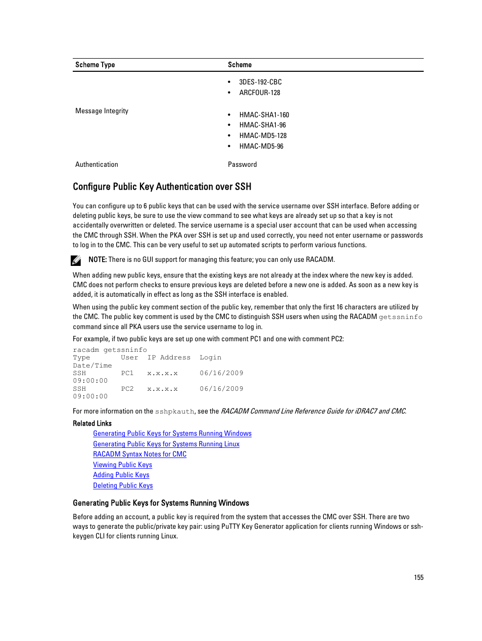 Configure public key authentication over ssh, Configure public, Key authentication over ssh | Dell POWEREDGE M1000E User Manual | Page 155 / 260