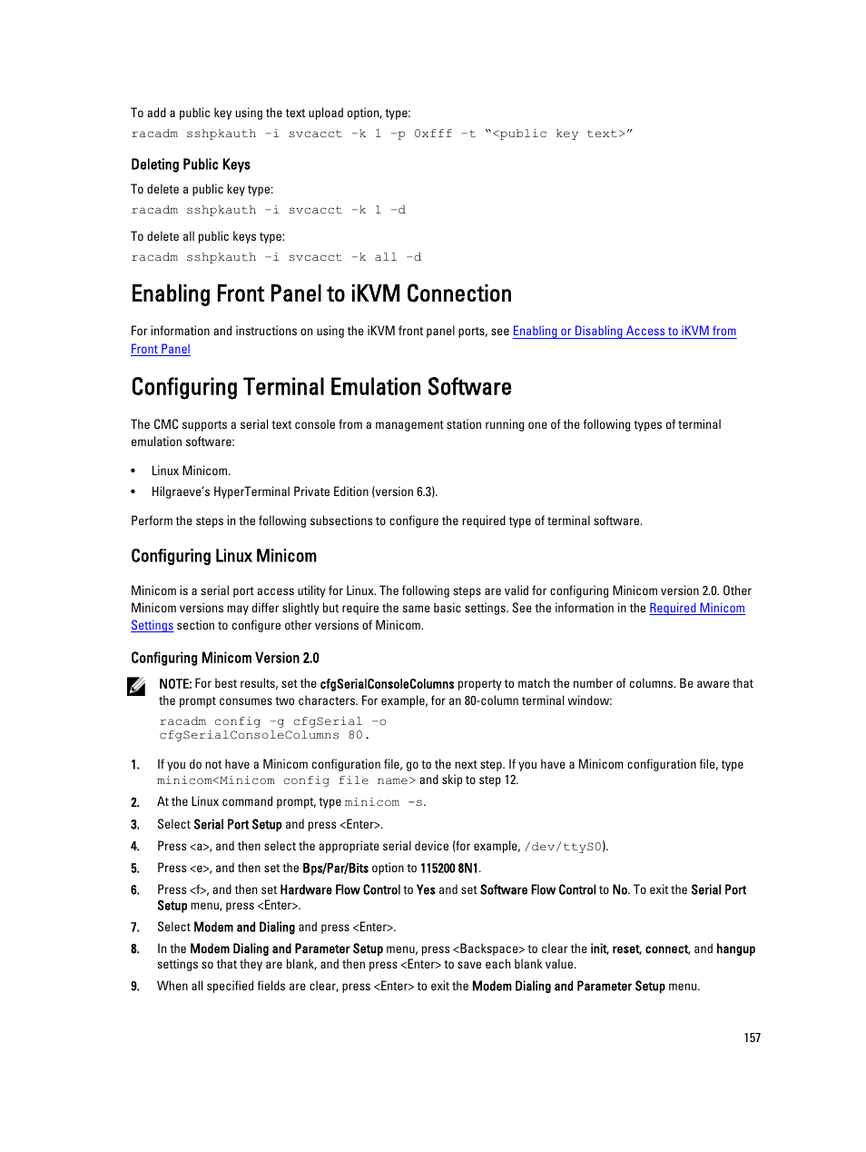 Enabling front panel to ikvm connection, Configuring terminal emulation software, Configuring linux minicom | Dell POWEREDGE M1000E User Manual | Page 157 / 260