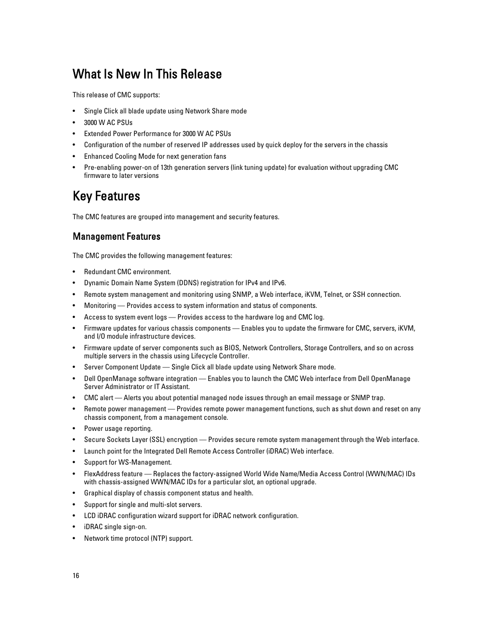 What is new in this release, Key features, Management features | Dell POWEREDGE M1000E User Manual | Page 16 / 260