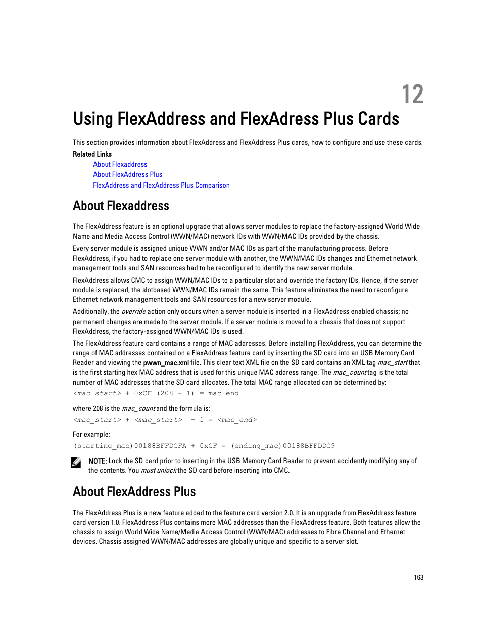 Using flexaddress and flexadress plus cards, About flexaddress, About flexaddress plus | 12 using flexaddress and flexadress plus cards | Dell POWEREDGE M1000E User Manual | Page 163 / 260