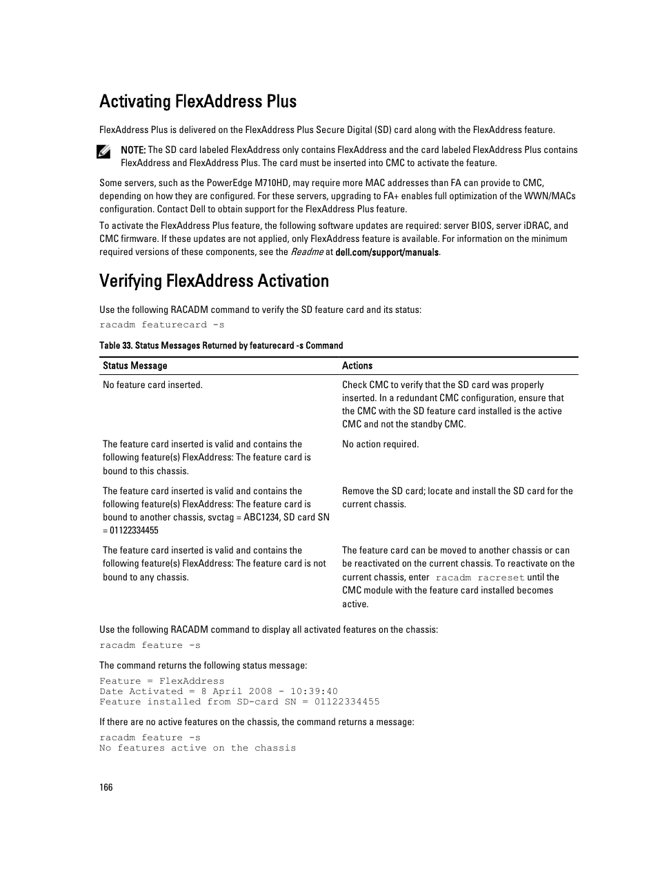 Activating flexaddress plus, Verifying flexaddress activation | Dell POWEREDGE M1000E User Manual | Page 166 / 260