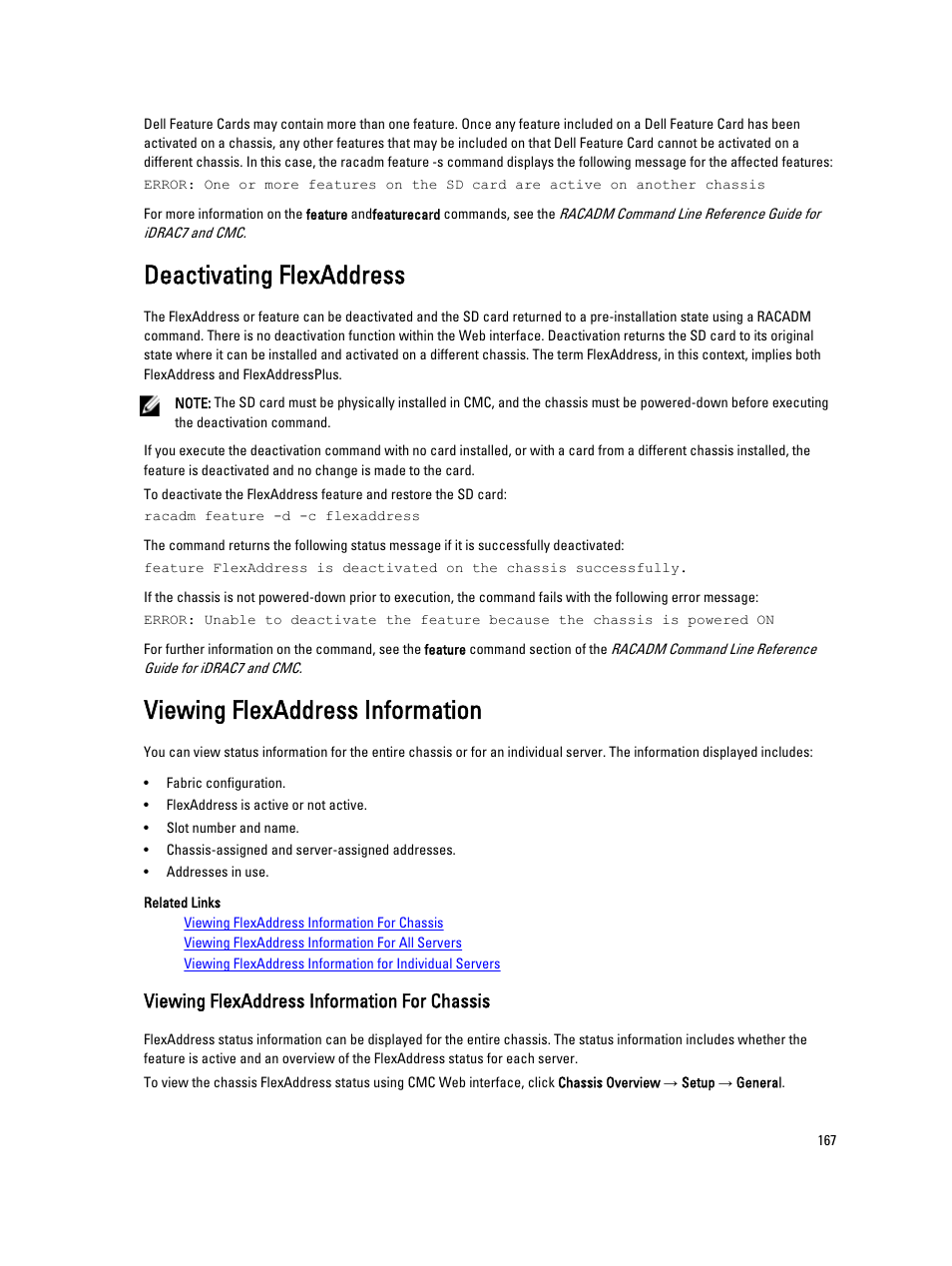 Deactivating flexaddress, Viewing flexaddress information, Viewing flexaddress information for chassis | Dell POWEREDGE M1000E User Manual | Page 167 / 260