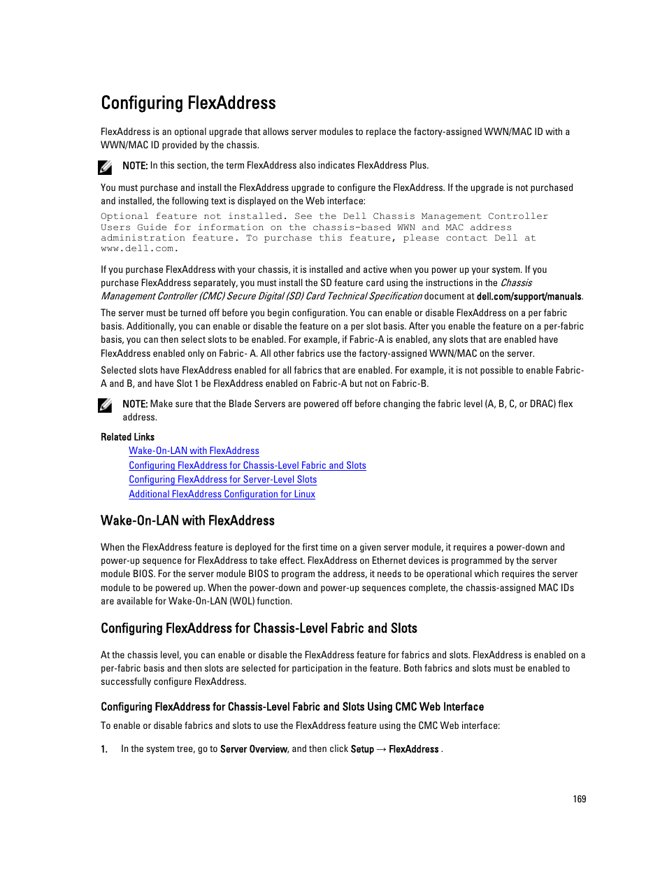 Configuring flexaddress, Wake-on-lan with flexaddress | Dell POWEREDGE M1000E User Manual | Page 169 / 260