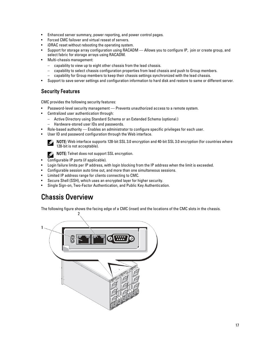 Security features, Chassis overview | Dell POWEREDGE M1000E User Manual | Page 17 / 260
