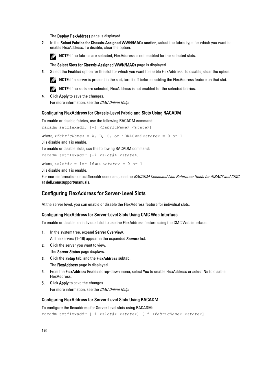 Configuring flexaddress for server-level slots | Dell POWEREDGE M1000E User Manual | Page 170 / 260