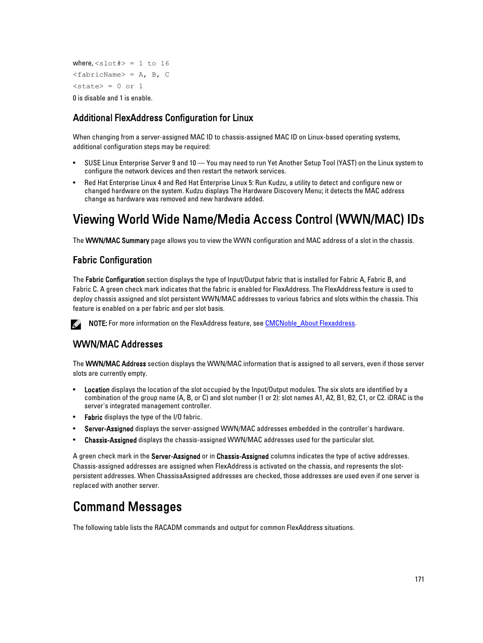 Additional flexaddress configuration for linux, Fabric configuration, Wwn/mac addresses | Command messages | Dell POWEREDGE M1000E User Manual | Page 171 / 260