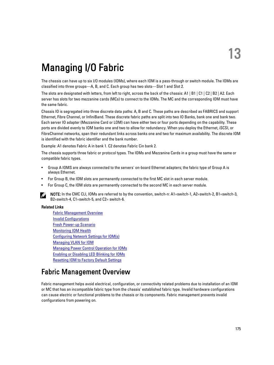 Managing i/o fabric, Fabric management overview, 13 managing i/o fabric | Dell POWEREDGE M1000E User Manual | Page 175 / 260